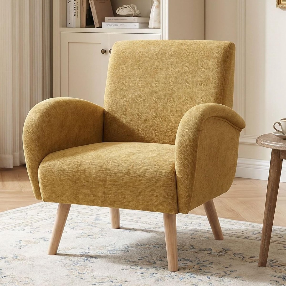 Chairus Fauteuil voor woonkamer chenille accentstoel enkele gestoffeerde lounge kuipstoel met houten poten (geel)