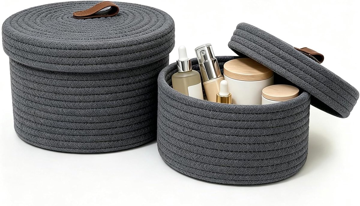 2 stuks opbergmanden, katoenen koord, opbergmand rond met deksel, Ø 28 cm, Ø 23 cm, gevlochten handgemaakte organizer voor woonkamer, slaapkamer, kinderkamer, keuken, badkamer, kantoor, donkergrijs