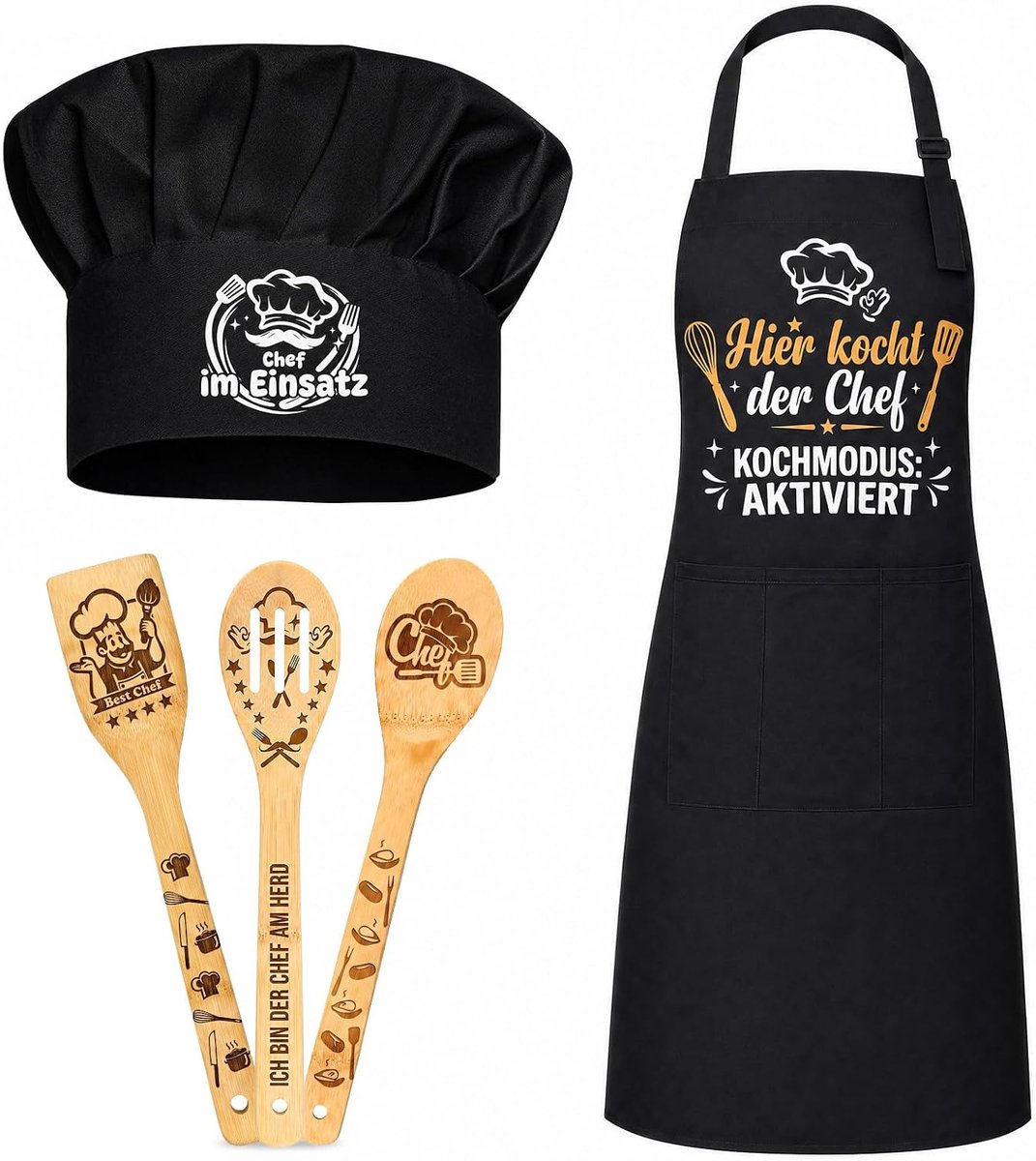 Kookset 5-delig met zwart kookschort, koksmuts, 3 bedrukte kooklepels, grillcadeau voor mannen voor Vaderdag, verjaardag