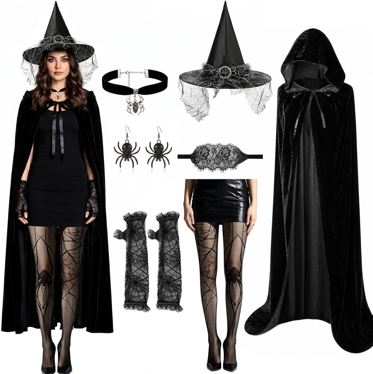 Dames, 7-delig Halloween kostuum dames, heksenkostuum