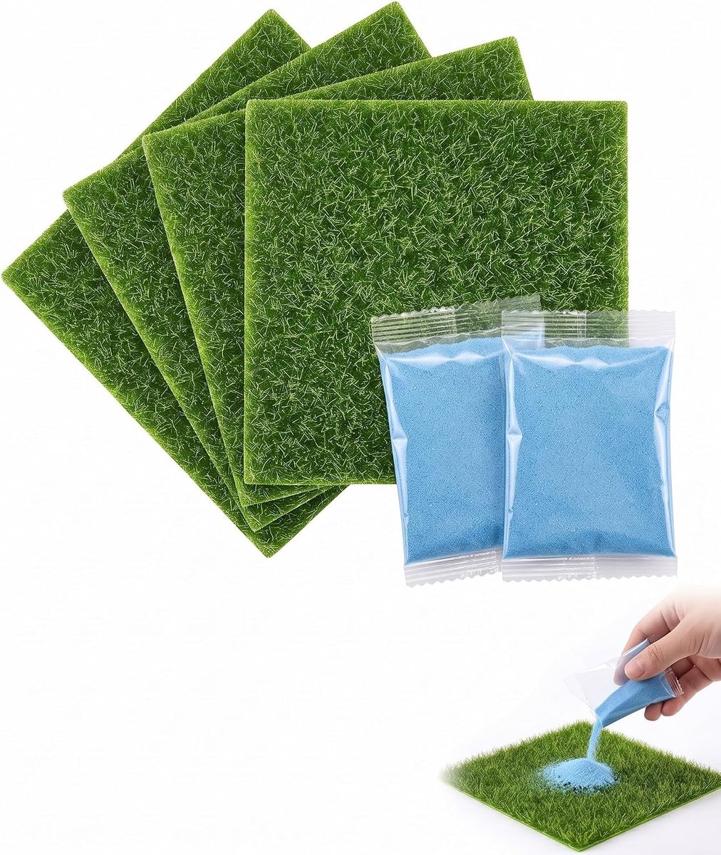 Kunstgras 15 x 15 cm en 2 zakken blauw zand 80 mesh, realistisch kunstgras voor het creëren van rivieren, kerststallen en modelbouw