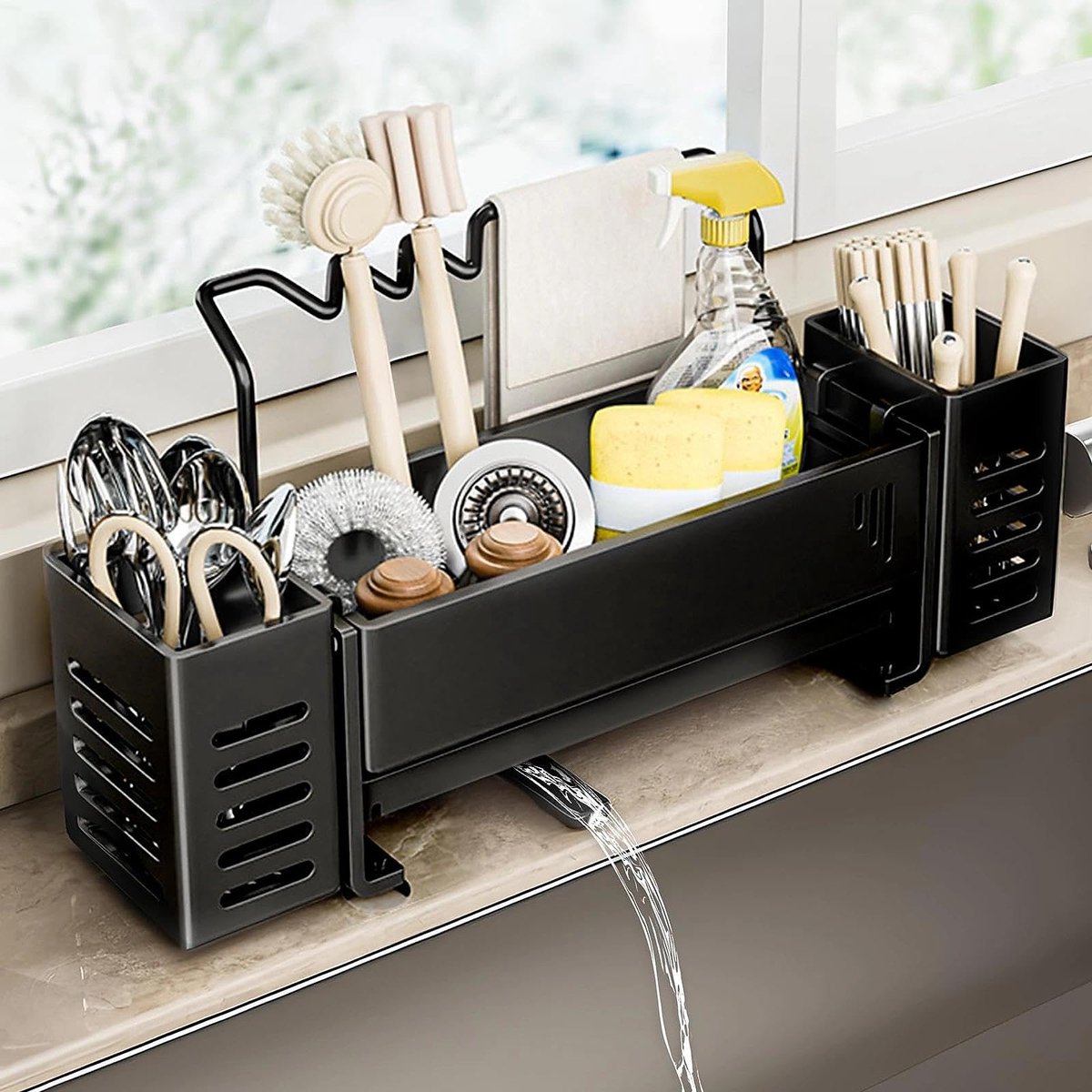 Famanu – Spoelbakorganizer, keukenorganizer, gootsteen, smal, 8 cm, met afvoerpan