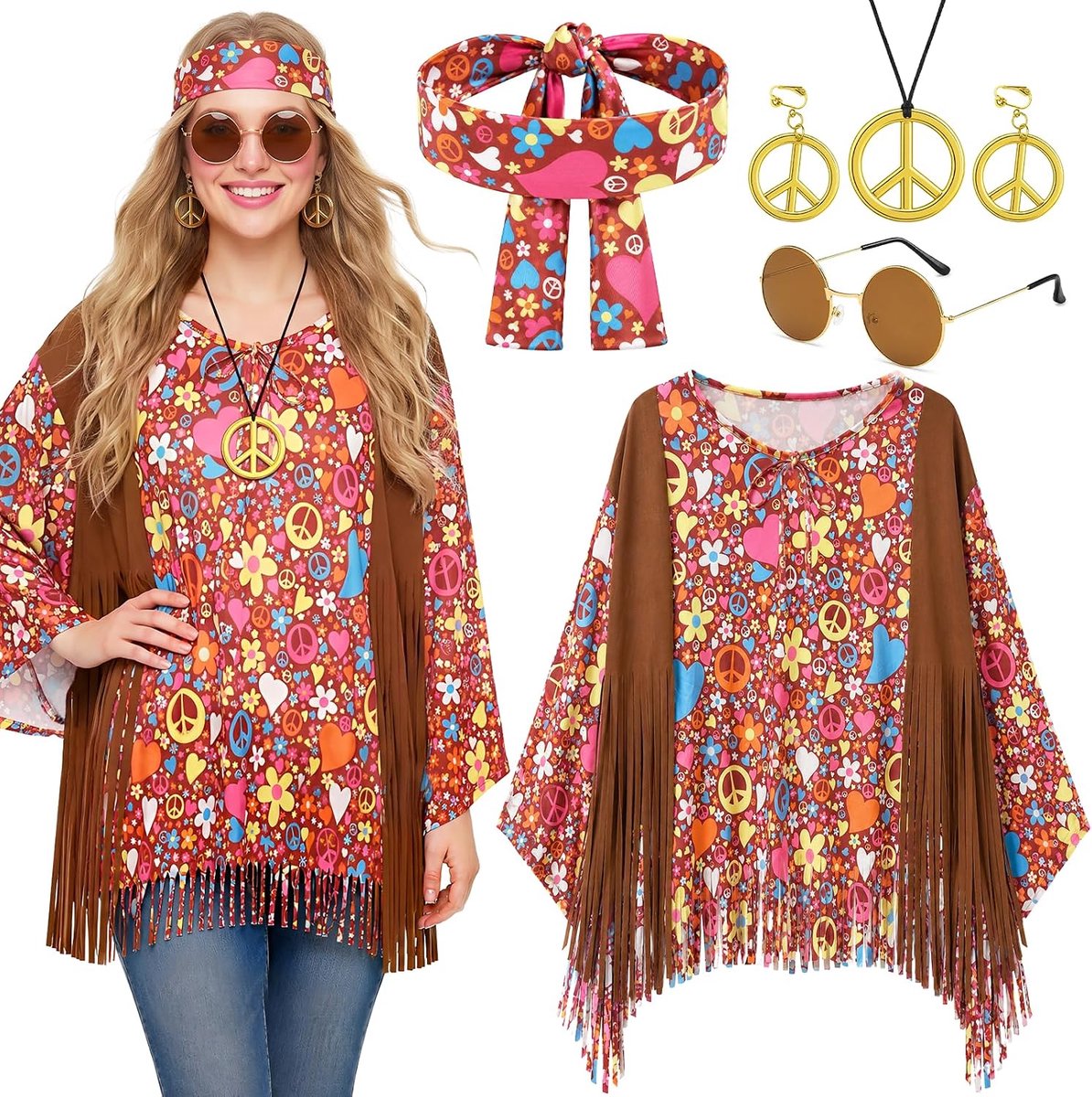 Hippie-kostuumset voor dames, 5-delig, jaren '60 en '70, poncho, vredesteken, sieraden, zonnebril, hoofdband voor carnaval, themafeest