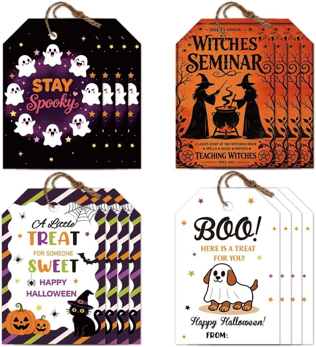 80 stuks Halloween-cadeauhangers, 4 stijlen, handgemaakte bedankhangers met koord, hangende etiketten, 5 x 7,6 cm