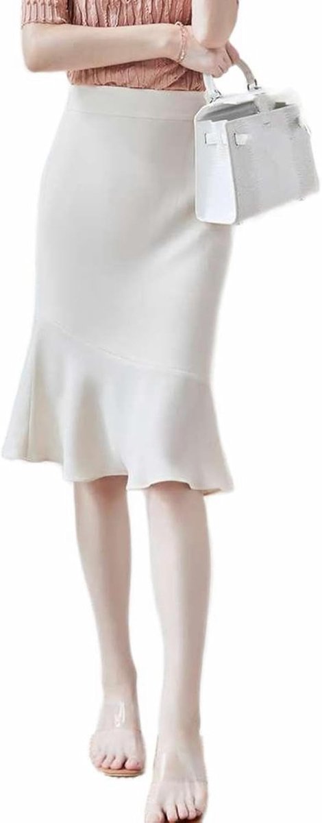 Acetaat Satijn Hoge Taille Zeemeermin Rok - Zomer Eenvoudige Effen Kleur All-Match Slanke Heup Rok, Mode Lotusblad Zoom Ontwerp Ol Commuter Rok,Beige,Xs