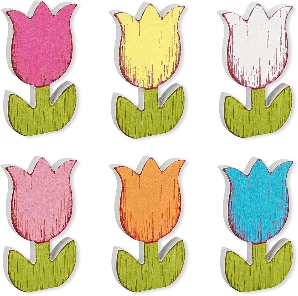 6 stuks rustieke staande tulpenblokken, 6 verschillende kleuren