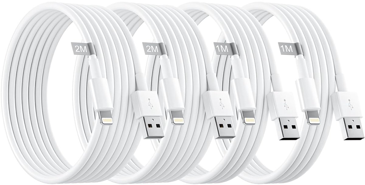 IPhone oplaadkabel, 4 stuks, 1 m, 1 m, 2 m, MFi-gecertificeerd, snellaadkabel, USB A naar Lightning-kabel voor iPhone 14/13/13 Pro/12/12 Pro Max/11 Pro/X/XS/XR/8 Plus, voor type A opladers