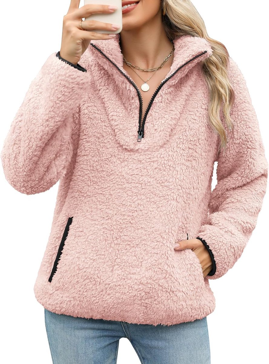 Sweatshirt zonder capuchon met ritssluiting voor dames, fleece, los, effen, lange mouwen, trui met zakken, warm en pluizig sweatshirt, jassen, bovenstukken, herfst en winter