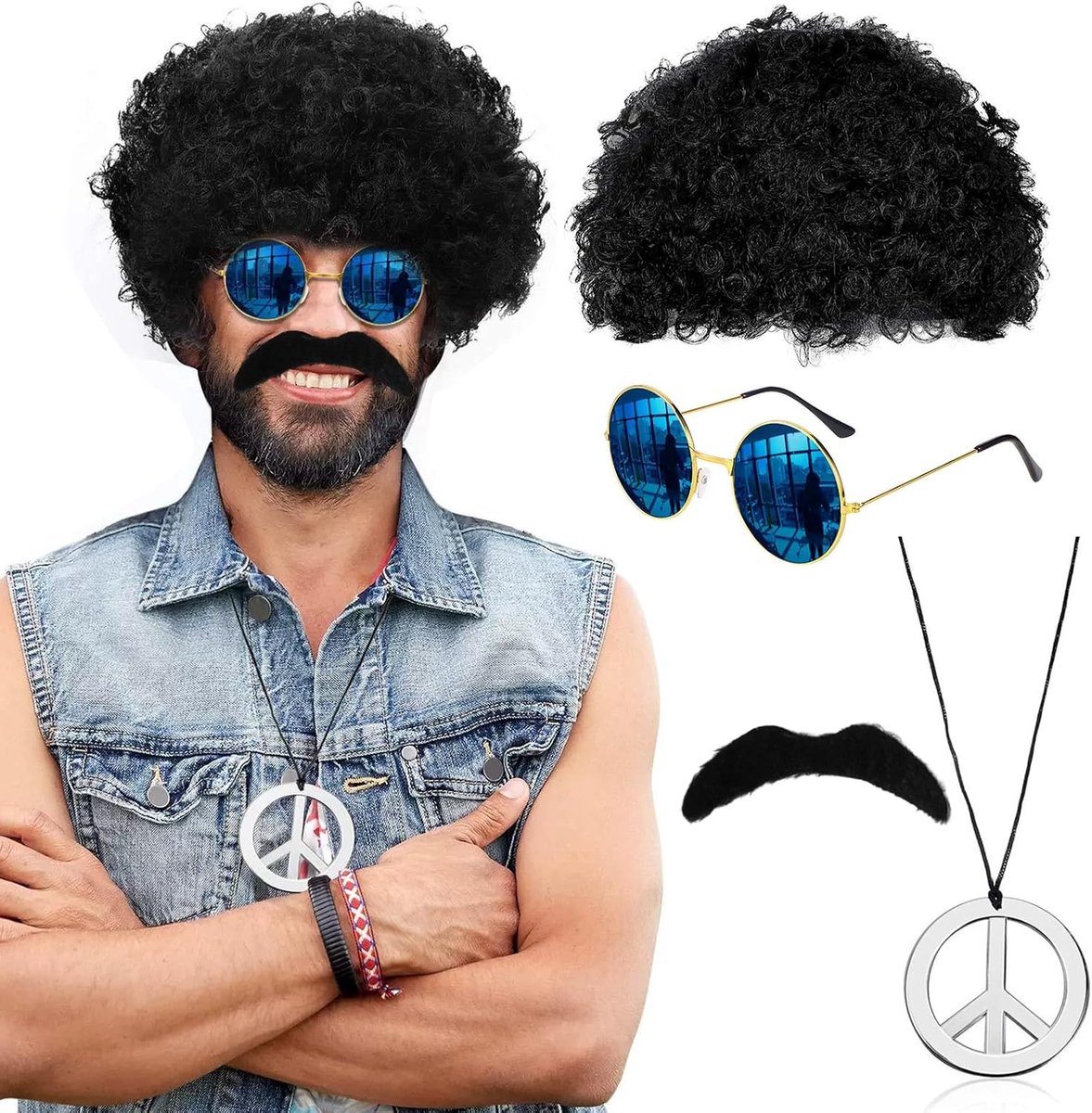 4-delige hippiekostuumset, jaren 70-kostuum voor heren, disco, retro, hippie-accessoires voor jaren 60, 70, 80, discothemafeest, cosplay, Halloween