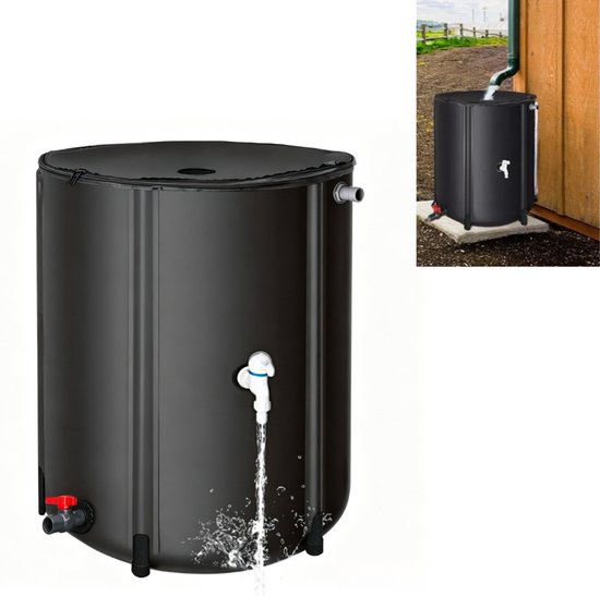 Réservoir d'eau noir pliable avec robinet, utilisé près d'une gouttière.