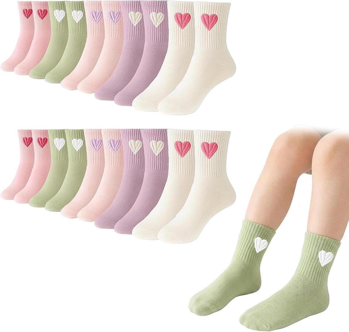 10 paar harttennissokken voor meisjes, tennissokken voor kinderen, 30-36, sport, hart, crew sokken voor meisjes 9-12 jaar (5 kleuren)