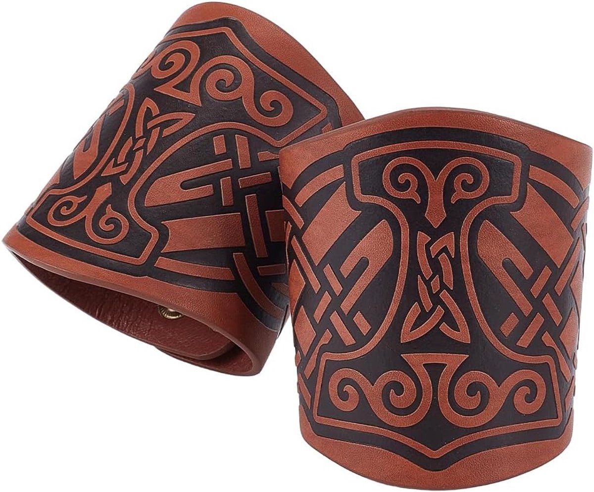 1 paar Viking-armsteunen, kokosnootbruin, middeleeuwse armsteunen, Viking reliëf, kunstleren manchetten, armband, Scandinavische retro-armband