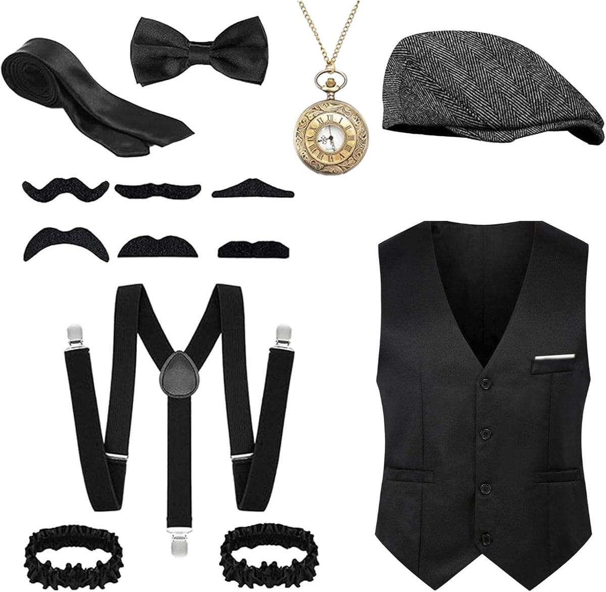 20 herenaccessoires, maffia-carnavalskostuum voor heren, jaren 20-accessoires, panama-hoed, vintage zakhorloge, carnavalskostuum, heren, bretels, kostuumset decoratie, Peaky Blinders
