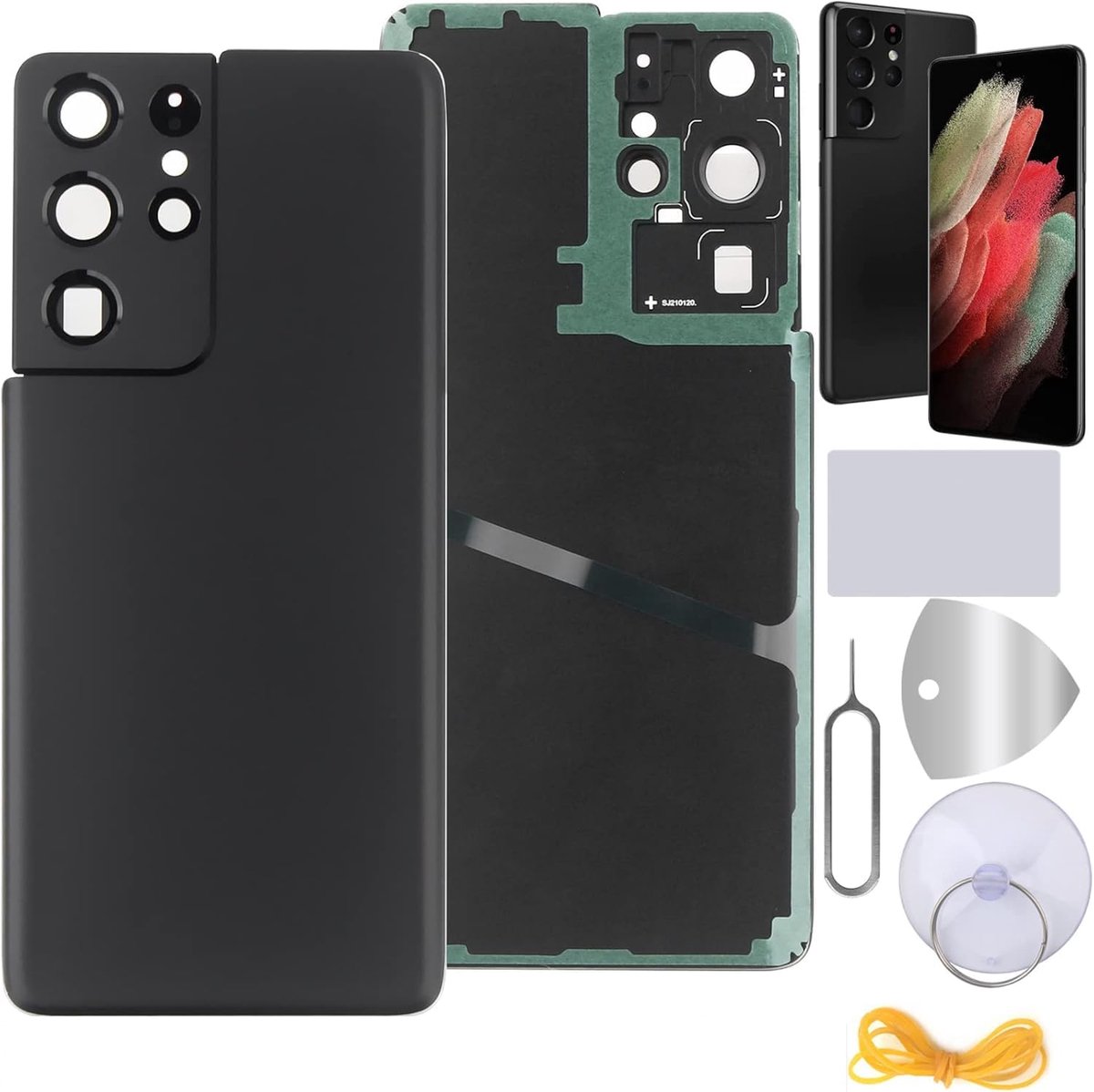 6,8 inch Accudeksel voor Samsung Galaxy S21 Ultra 5G SM-G998B Achterkant glas Backcover back glas Vervanging Reparatieset met Cameralens + Gereedschap (zwart)