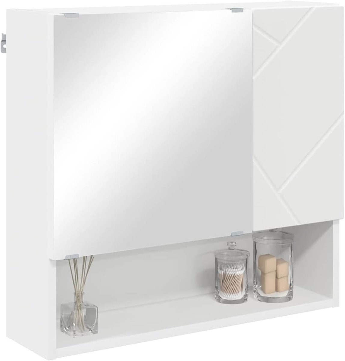 Spiegelkast badkamer wandmontage, 59 x 17 x 55 cm, witte hoogglans spiegelkast van vochtbestendig houtmateriaal met 2 scharnierende deuren en grote opbergruimte, voor kleine en grote badkamers