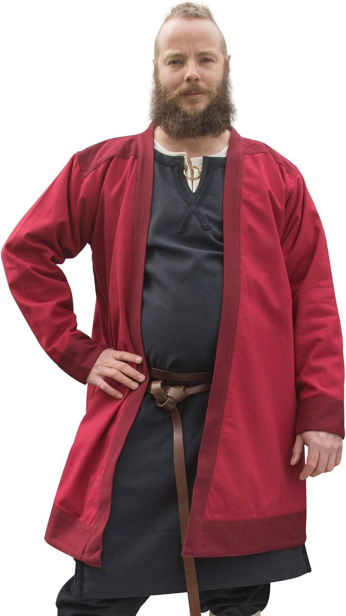 Bjorn - Heren kaftan/Vikingmantel/jas - lange mouwen - tot de knieën - katoen - middeleeuwen - LARP, carnaval - Vikingen, kampleven - kampkleding - bruin, rood/wijnrood - maat S-XXL