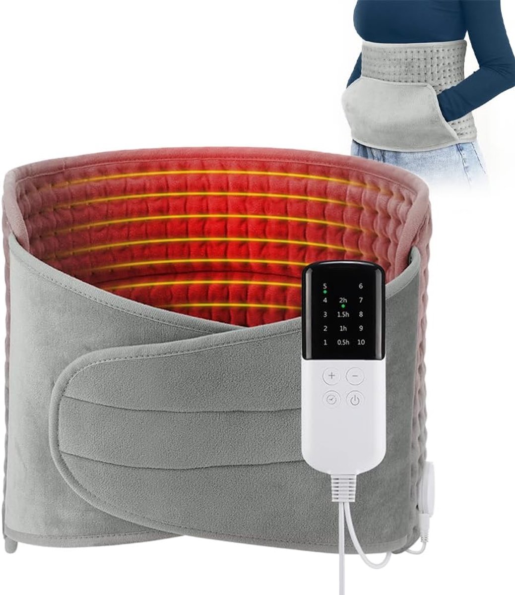 Verwarmingskussen met automatische uitschakeling, EU met 10 warmtestanden, 4 timers, lichtgrijs | Warmtegordel rug 125 x 30 cm, warmtegordel met handwarmzak, machinewasbaar warmtekussen, cadeau voor vader en moeder