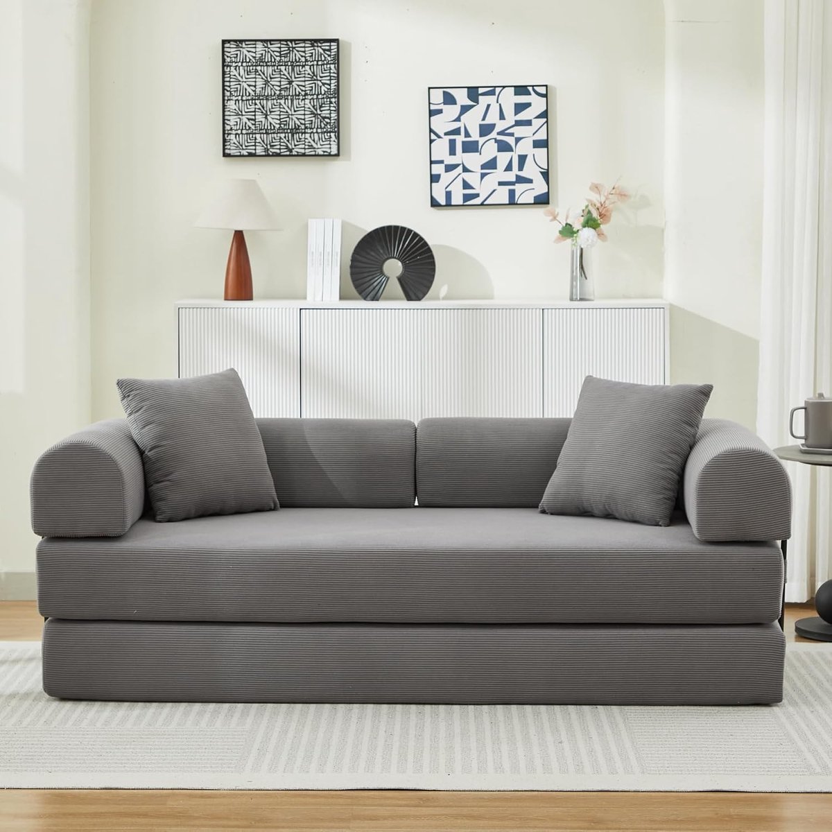 Slaapbank uitklapbaar – Futon sofa bed met 2 kussens, corduroy bank zonder montage, multifunctioneel bank voor woonkamer & kantoor grijs (grijs, 3-zits)
