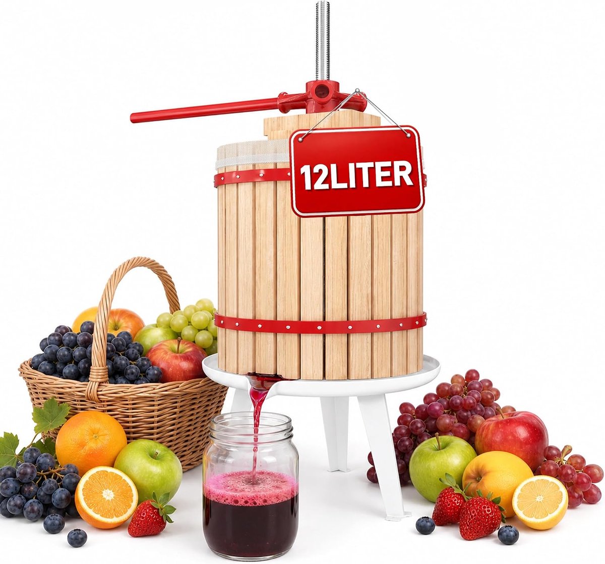 12L Sappers Eiken Fruitpers Mobiele Handpersen Pureerpers met Handzwengel & Persnet Wijnpersgereedschap Set Snijpersen Appelpers Wijnpersen voor Fruitwijnen Vruchtensappen Appelsap