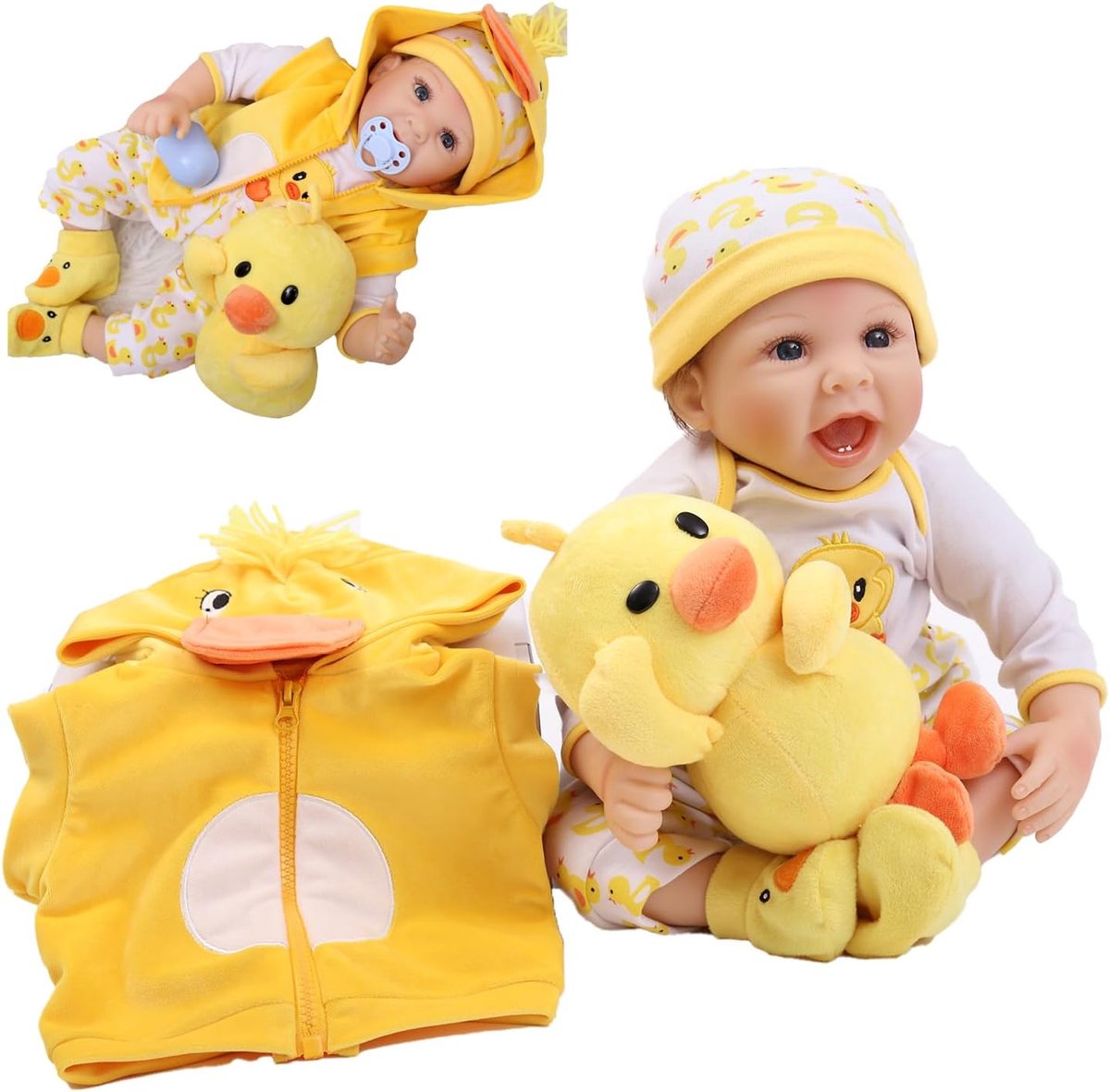 Poppen, gele babypoppenset met knuffeldier-eenden, 50 cm, gele babypoppenset met pluche dier, speelgoed en kleding, verjaardagsset voor kinderen, leeftijd 3 jaar