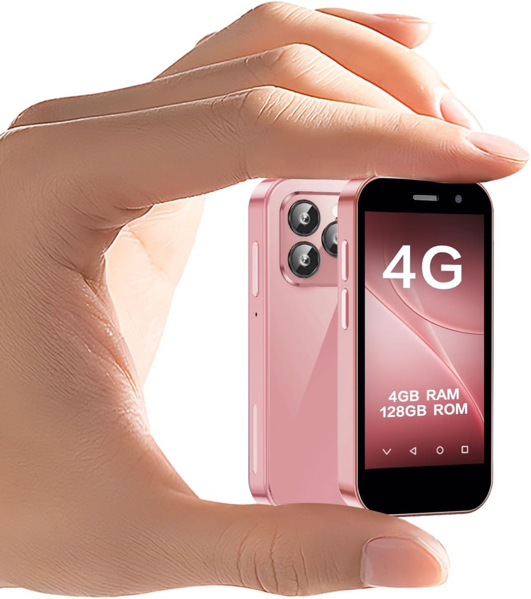 4G Mini smartphone-scherm, 3 inch, 2000 mAh, 2.0 + 5.0 megapixel, ontgrendelen van het gezicht, compact voor kinderen, roze, 4GB + 128GB