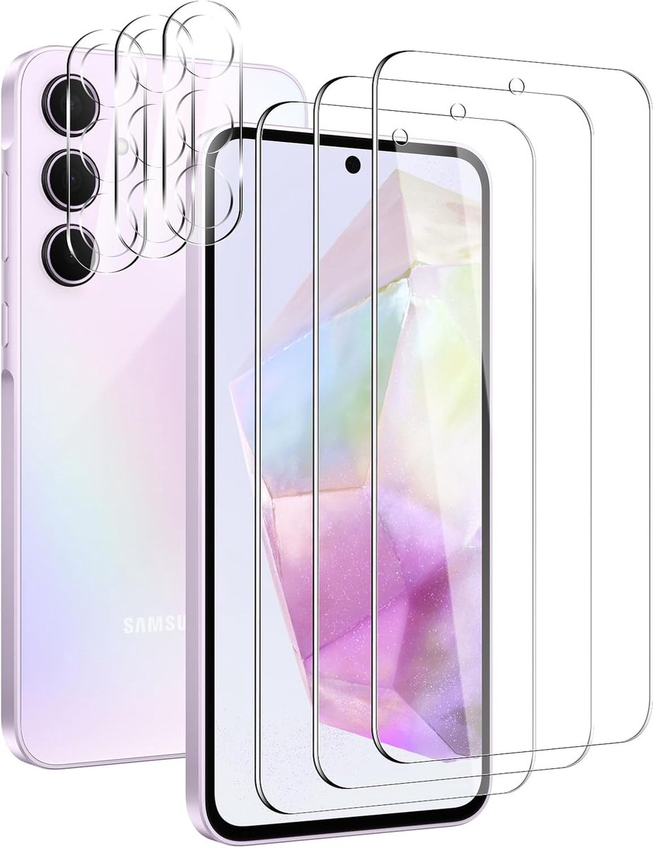3 Stuks Transparante Gehard Glas Scherm Beschermer + 3 Stuks Lens Beschermer voor Samsung Galaxy A35 5G, 9H Hardheid, HD Duidelijk, Anti-Vingerafdruk, Anti-Kras, Precies Passend