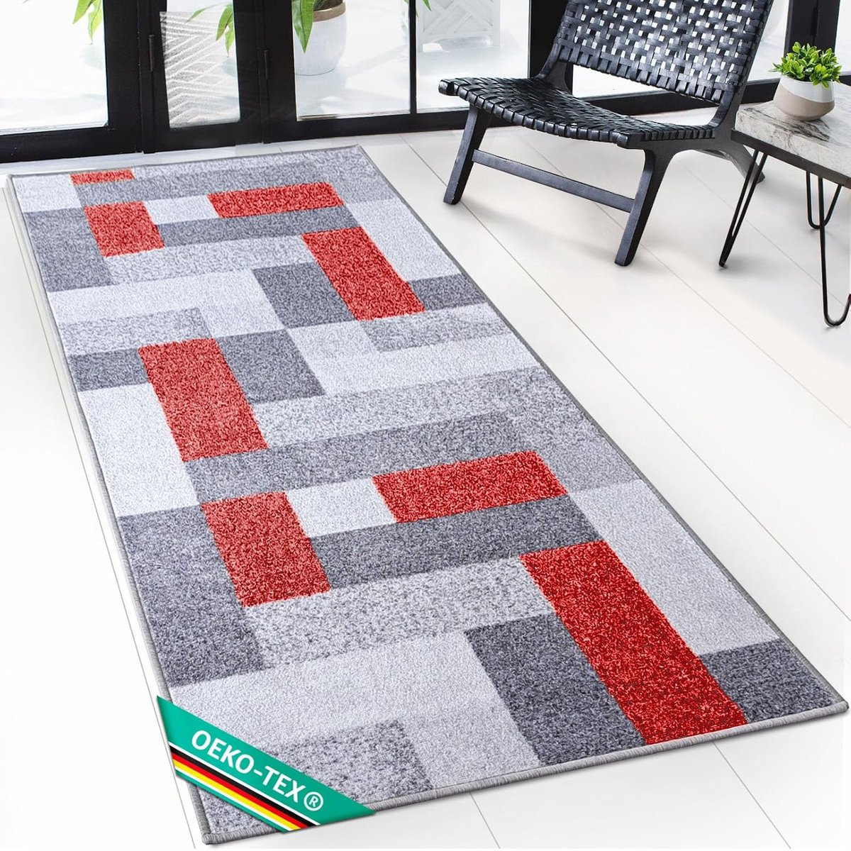 Tapijtloper New York - tapijtloper op maat - per meter, haltapijt, keukenloper, tapijt voor keuken, hal en woonkamer, rood (80 x 200 cm)