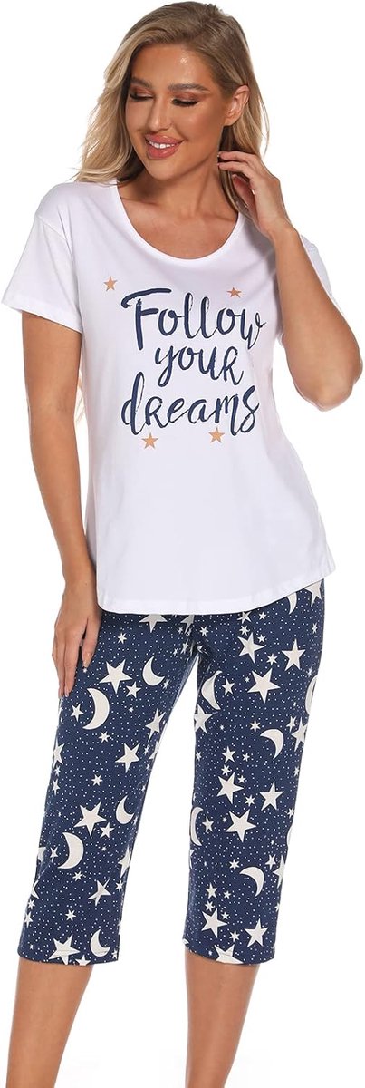 Damespyjama, tweedelige pyjama, zomer, nachthemd, korte mouwen, huispak, katoen, sleepwear, nachtkleding, bovendeel en broek, XXL, wit 2, XXL