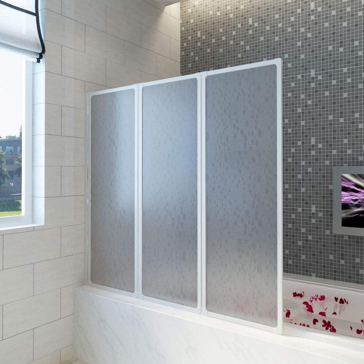 Badkuip, vouwwand, hoekinstap, doucheafscheiding, douchewand, douchecabine, aluminium frame met polypryleenplaten, 141 x 132 cm