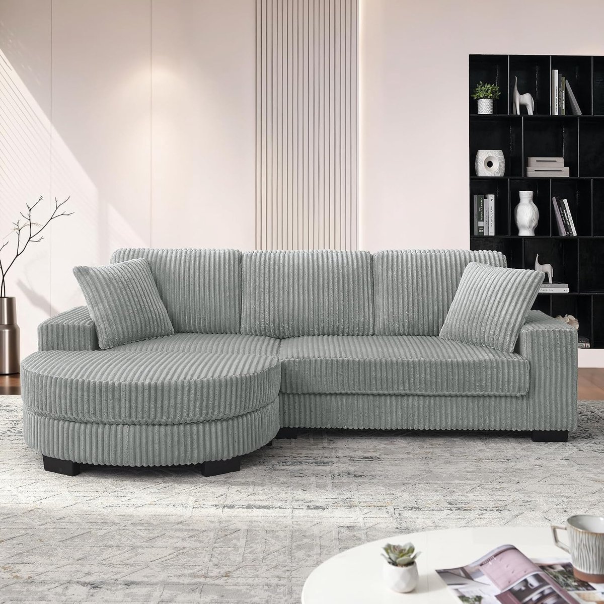 Hoekbank, 4-zits, modulaire corduroy bank met kruk, comfortabele woonkamerbank met 2 kussens, ruimtebesparend woonlandschap voor woonkamer en appartementen, 256 x 134 cm, grijs-2