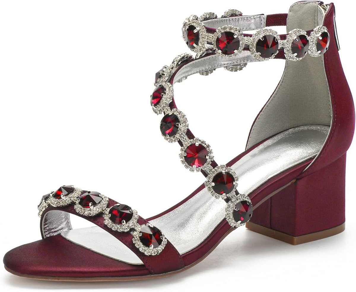 Trouwschoenen voor bruid midden blokhak zomer sandalen minimalisme satijn strass kristal bruiloft schoenen voor feest avond, Bourgondy, 36 EU