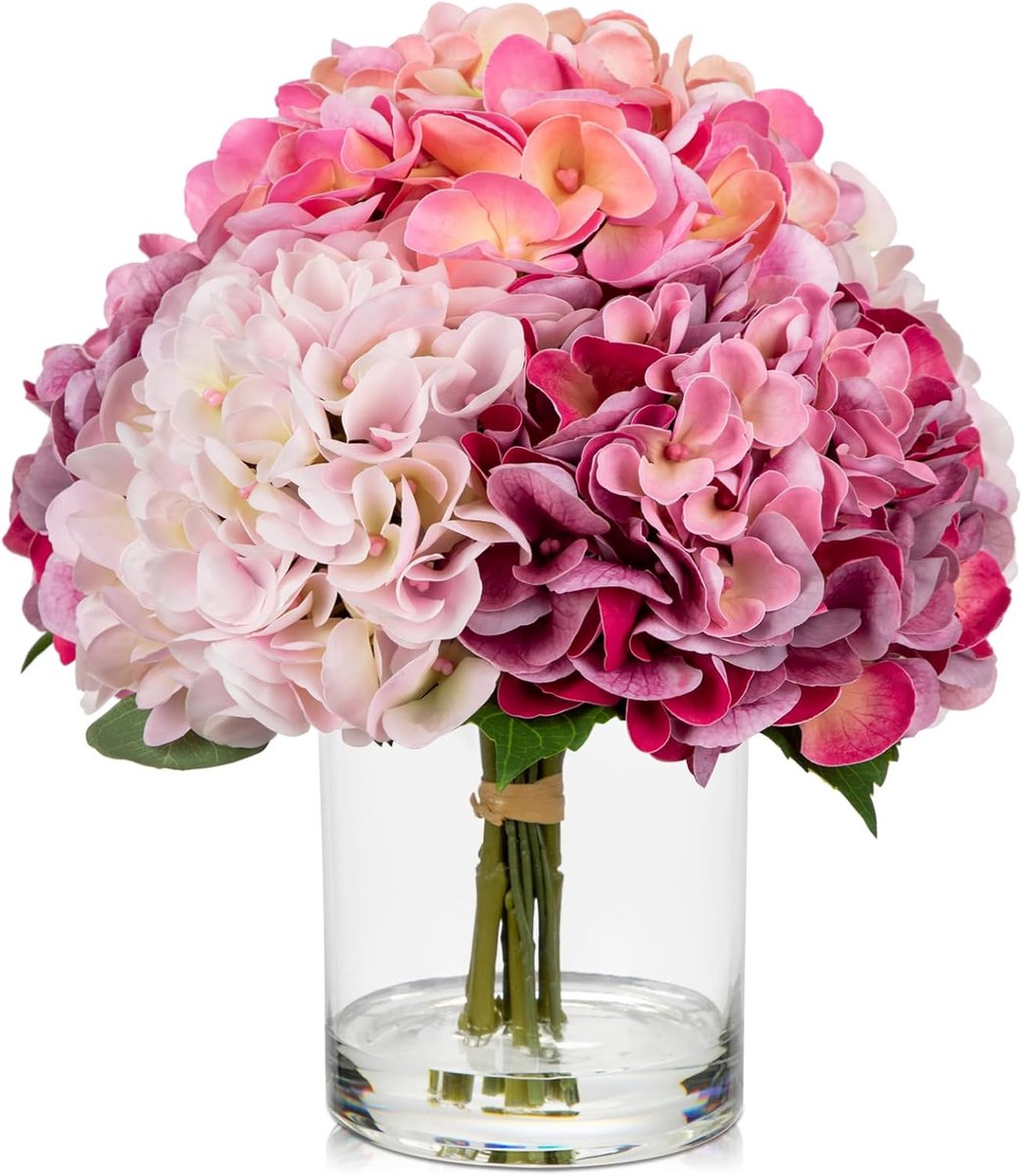 Kunstbloemen met 5 hortensia's in glazen vaas met helder kunstwater, 3D-print, echte hortensia, voor bruiloft, thuis, hotel, bloemenarrangement