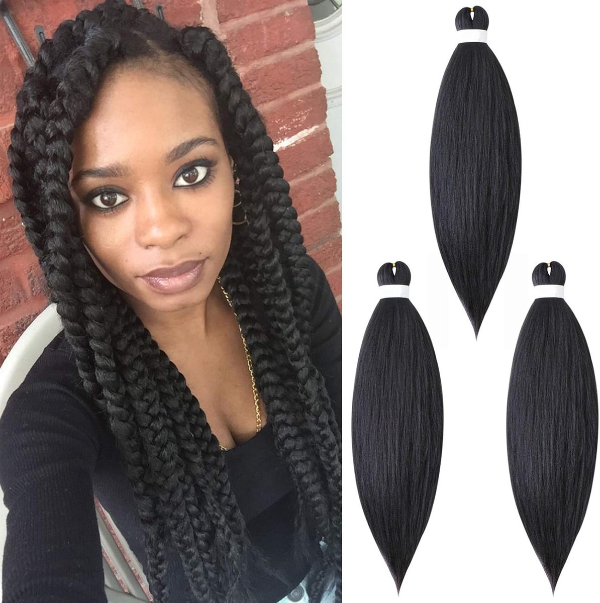 Braiding Hair 3 stuks Voorgestreken vlecht haar haarextensions Yaki EZ Voorgestreken vlecht haar kunsthaar haarverlengingen haardeel, Natuurlijk zwart