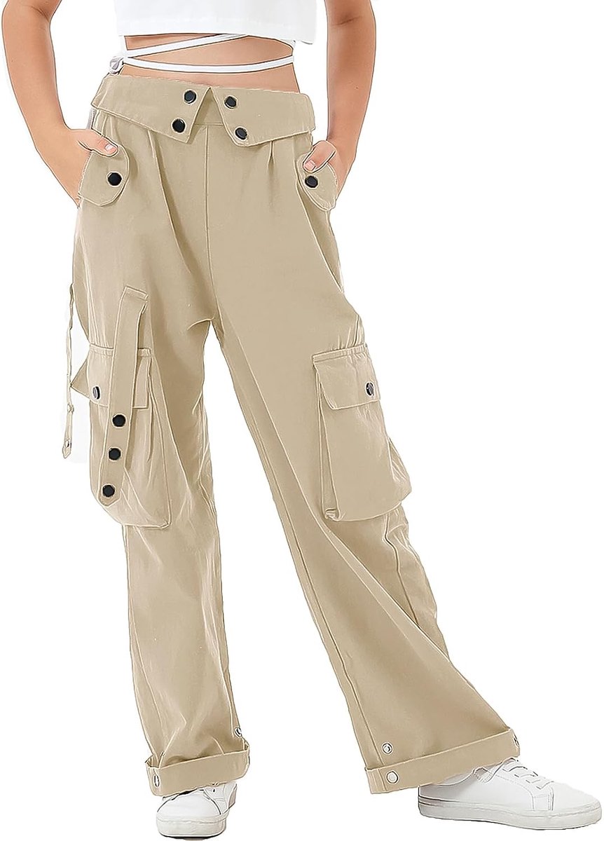 Baggy cargobroek voor meisjes, elastische taille met meerdere zakken, wijde pijpen, cargobroek voor kinderen
