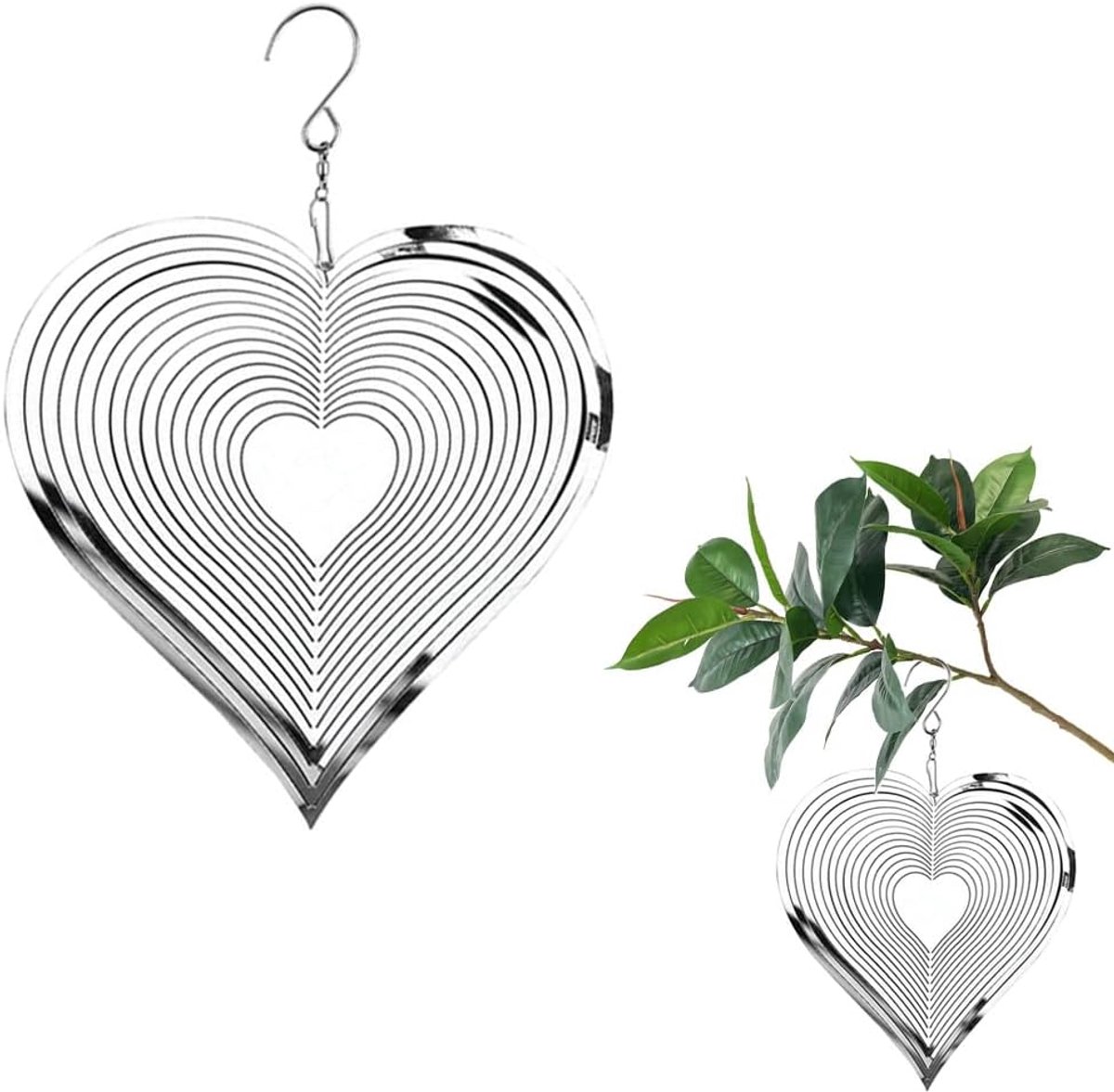 Windgong in hartvorm, roestvrij staal, 1 stuk, roestvrij staal, decoratief windspel, metalen windgong voor buiten, hangend windspel, spiraal, windgong voor tuin, decoratie voor binnen en buiten