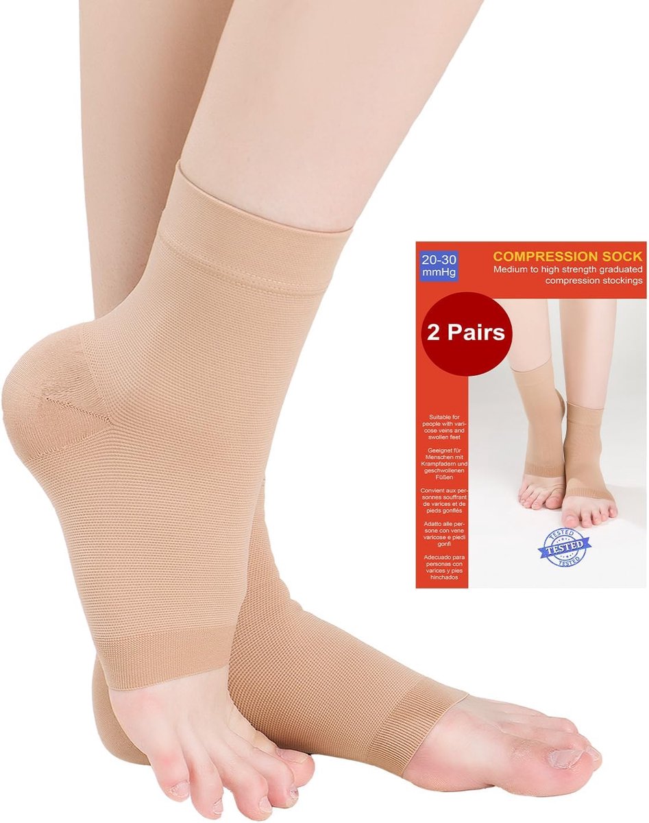 2 Paar Enkelbrace met Geïntegreerde Compressiekous - Klasse 2 (20-30 mmHg), Voor oedeem, Plantaire Fasciitis, Verstuikingen, Neuropathie en Sport, Compression Socks