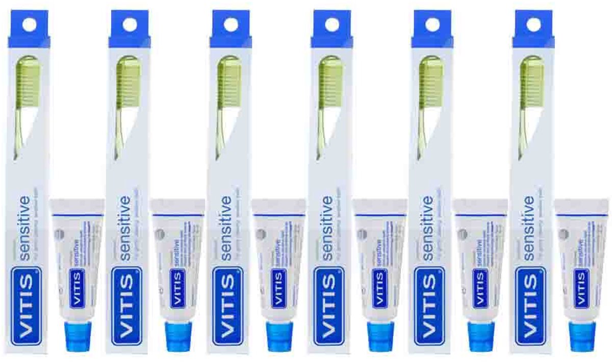 Vitis - Tandenborstel + Mini Tandpasta Sensitive - 6 x 1 stuk - Voordeelverpakking