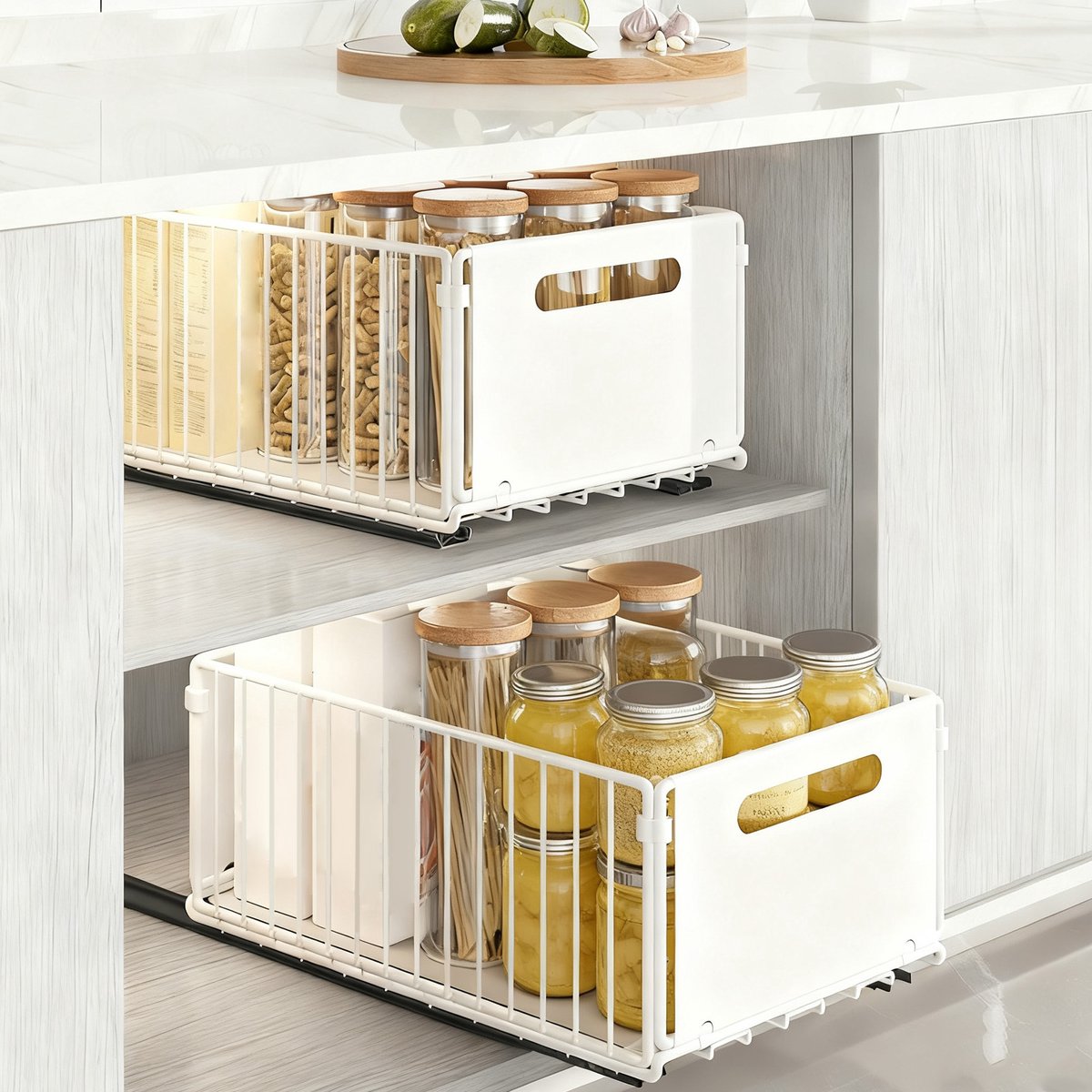 PIPIPOXER- Keukenkast Organizer - Gootsteenkast Organizer - Met rails - Gootsteenrek - Aanrecht Organizer - Opbergrek - Keukrenrek - Uitschuifbaar - 2 grote - Wit