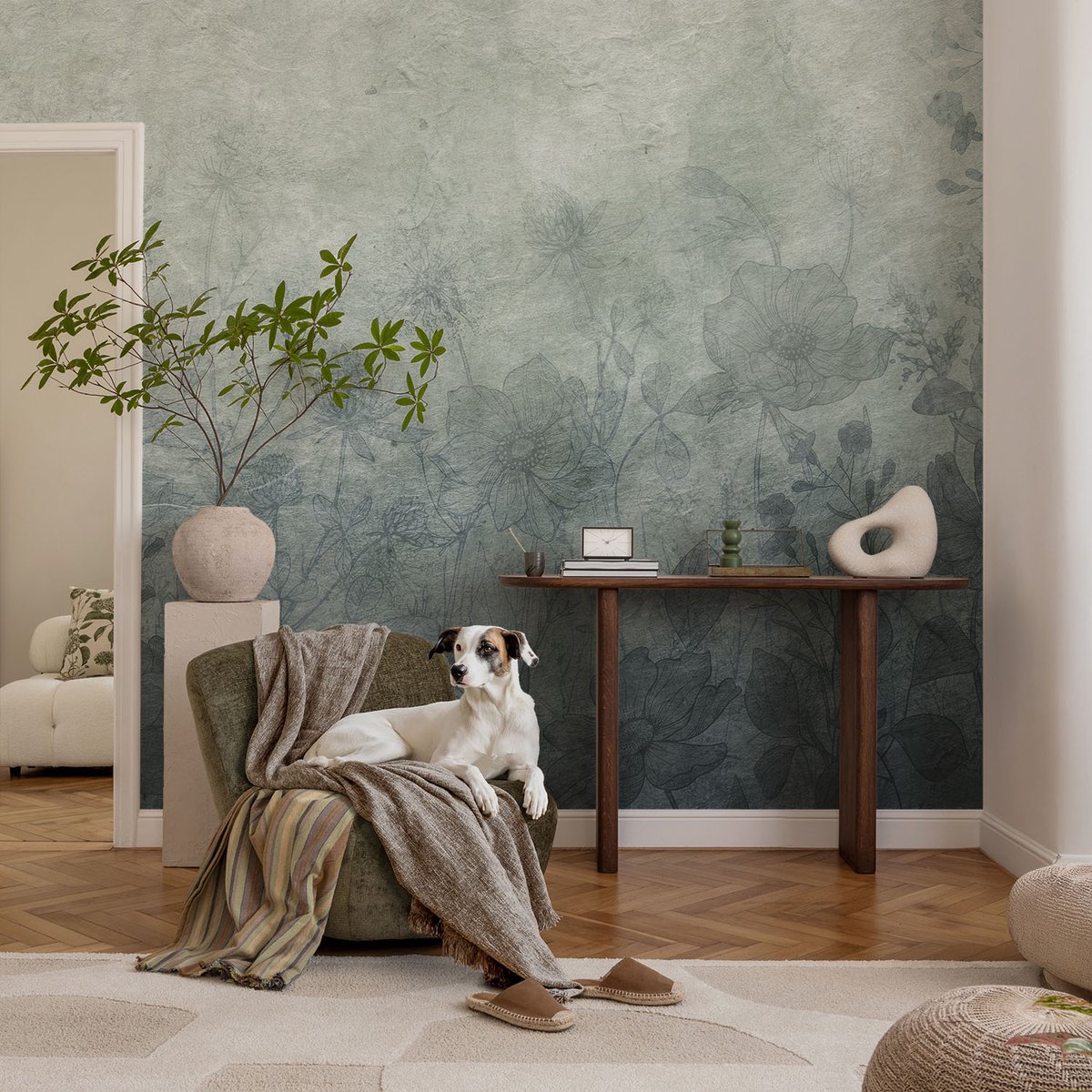 Coloray Vliesbehang - Grijs Snellijm Behang - 104x70 cm - Plantaardige Elegantie Muurschildering - Slaapkamer behang Bloemen En Planten - Fotobehang Vlies - Slaapkamer behang