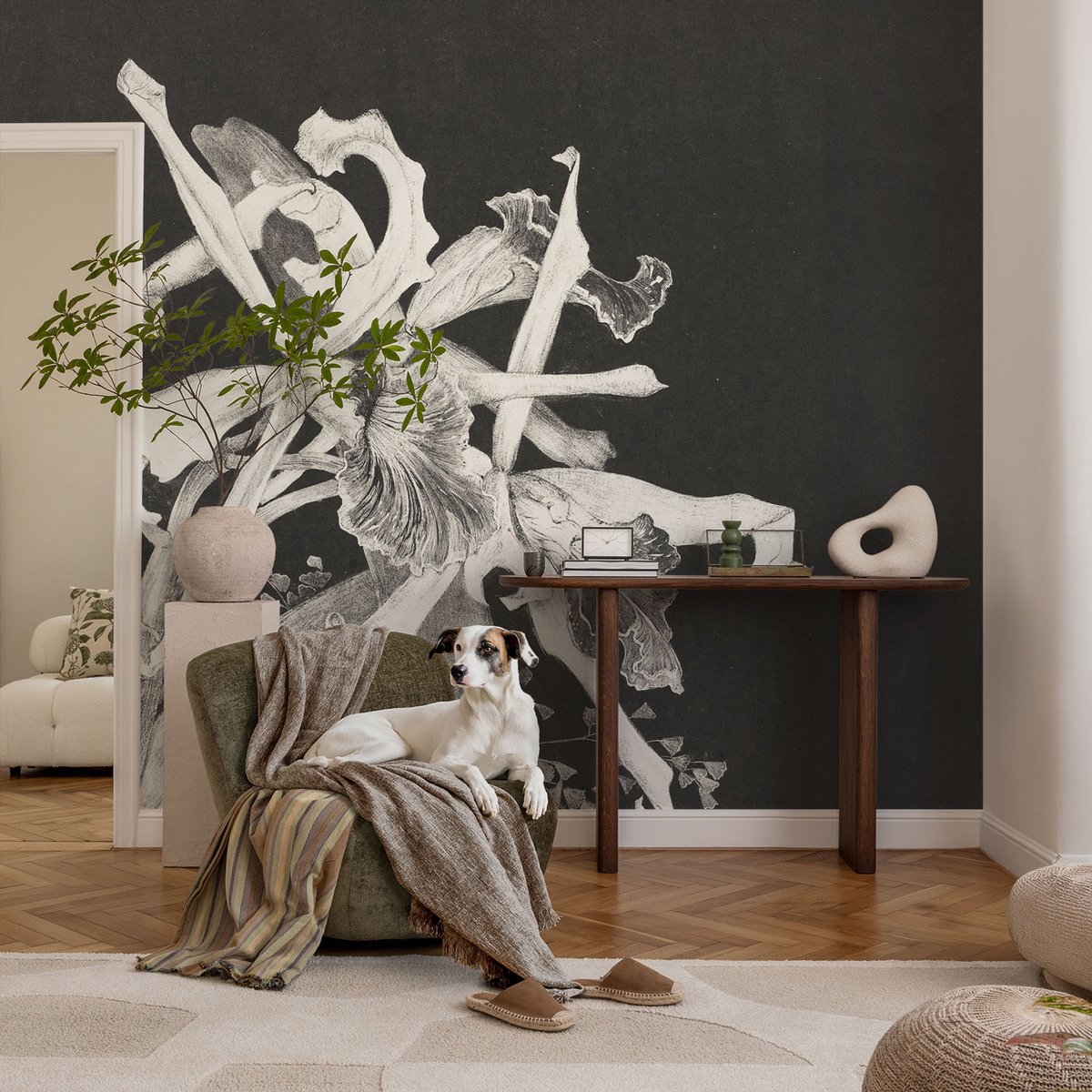 Coloray Vliesbehang - Zwart Snellijm Behang - 104x70 cm - Orchidee Illustratie Muurschildering - Gang behang Bloemen En Planten - Fotobehang Vlies - Slaapkamer behang
