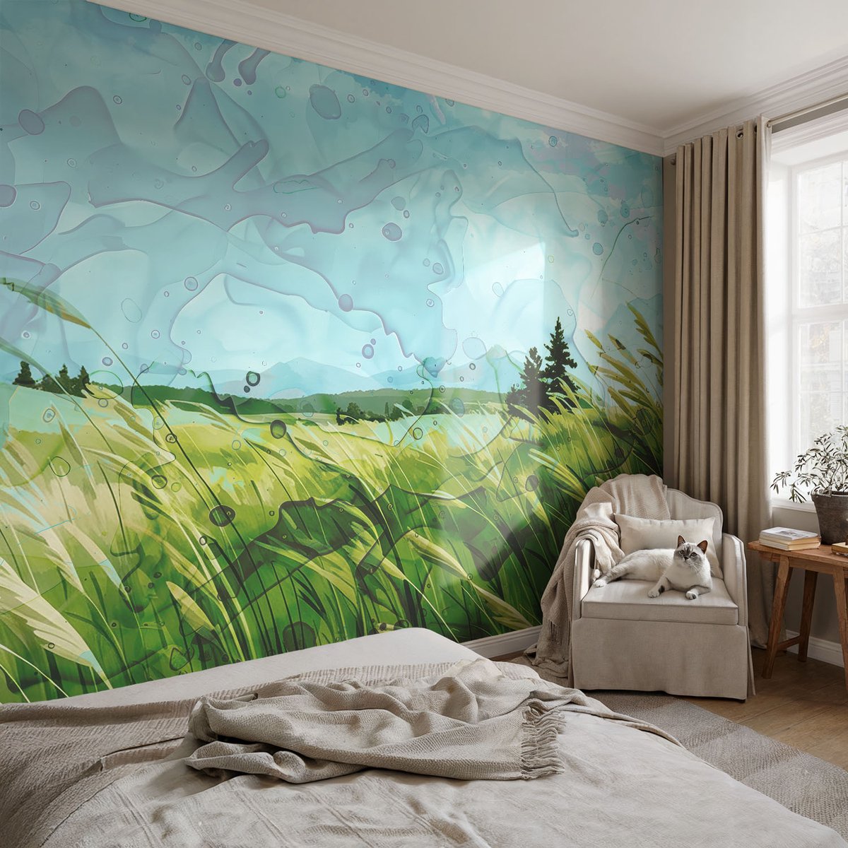 Coloray Vliesbehang - Groente Snellijm Behang - 104x70 cm - Groene Landschappen Muurschildering - Slaapkamer behang Landschappen - Fotobehang Vlies - Gang behang