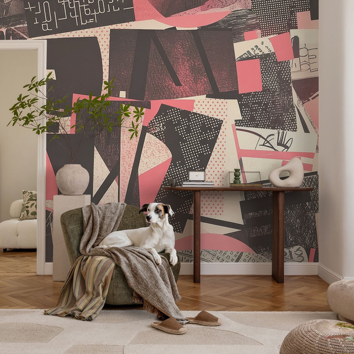 Coloray Vliesbehang - Zwart Snellijm Behang - 104x70 cm - Geometrische Collage Muurschildering - Gang behang Abstractie - Fotobehang Vlies - Gang behang