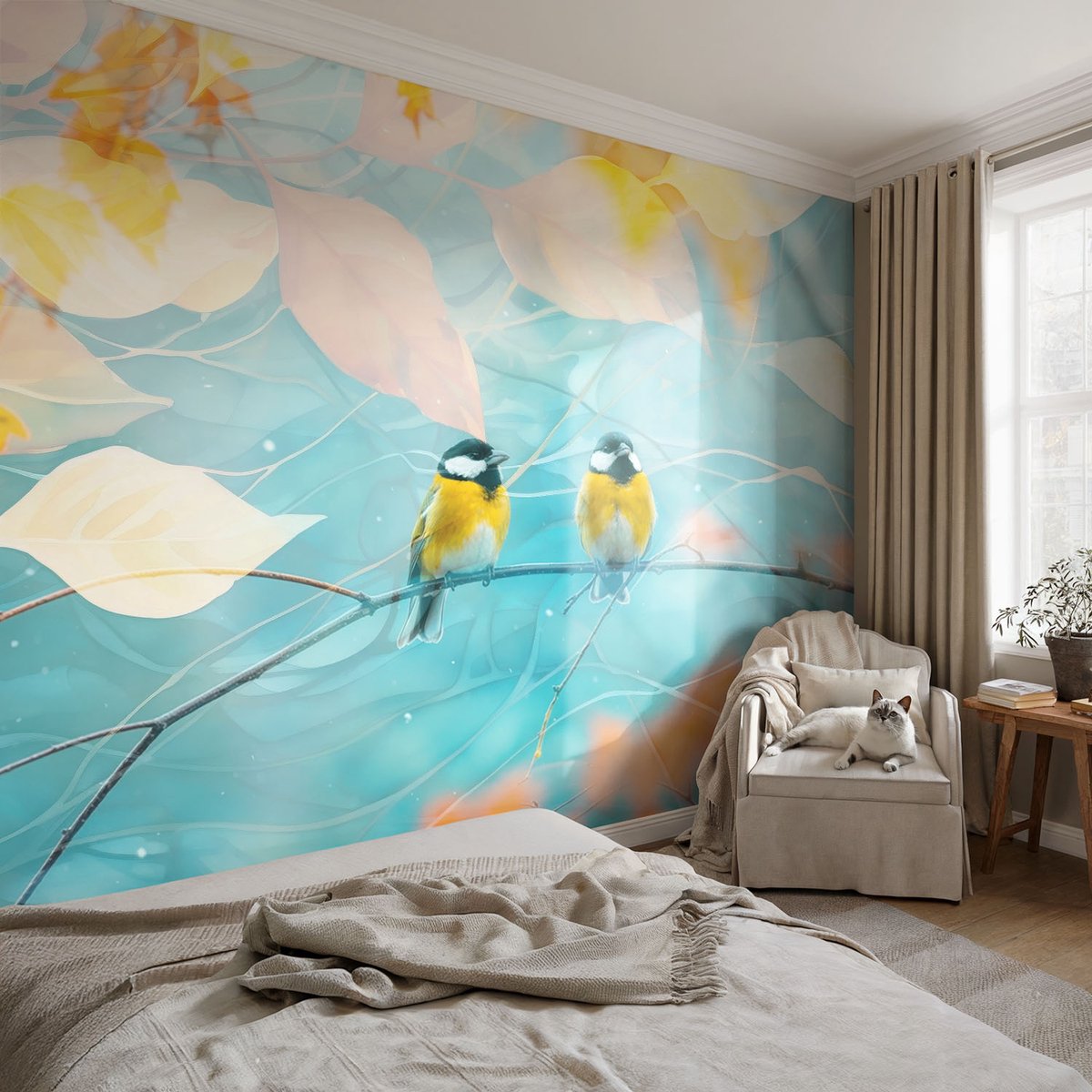 Coloray Vliesbehang - Blauw Snellijm Behang - 104x70 cm - Lente Vogels Fotobehang Vlies - Hal behang Dieren - Muurschildering - Woonkamer behang
