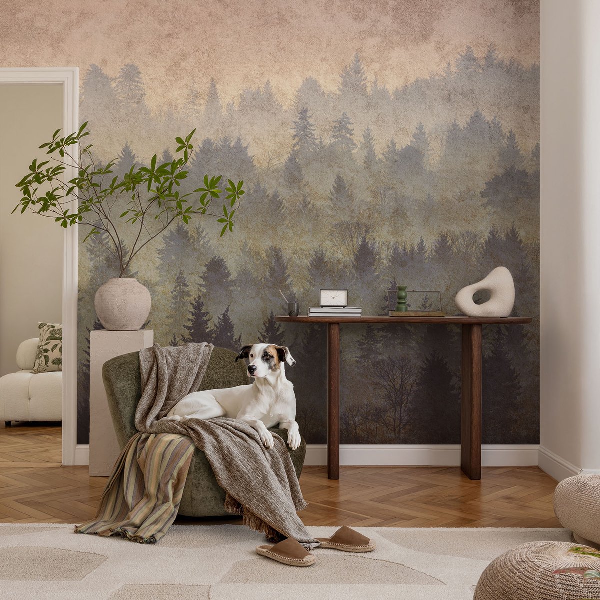 Coloray Vliesbehang - Grijs Snellijm Behang - 104x70 cm - Bosmist Muurschildering - Slaapkamer behang Landschappen - Fotobehang Vlies - Slaapkamer behang