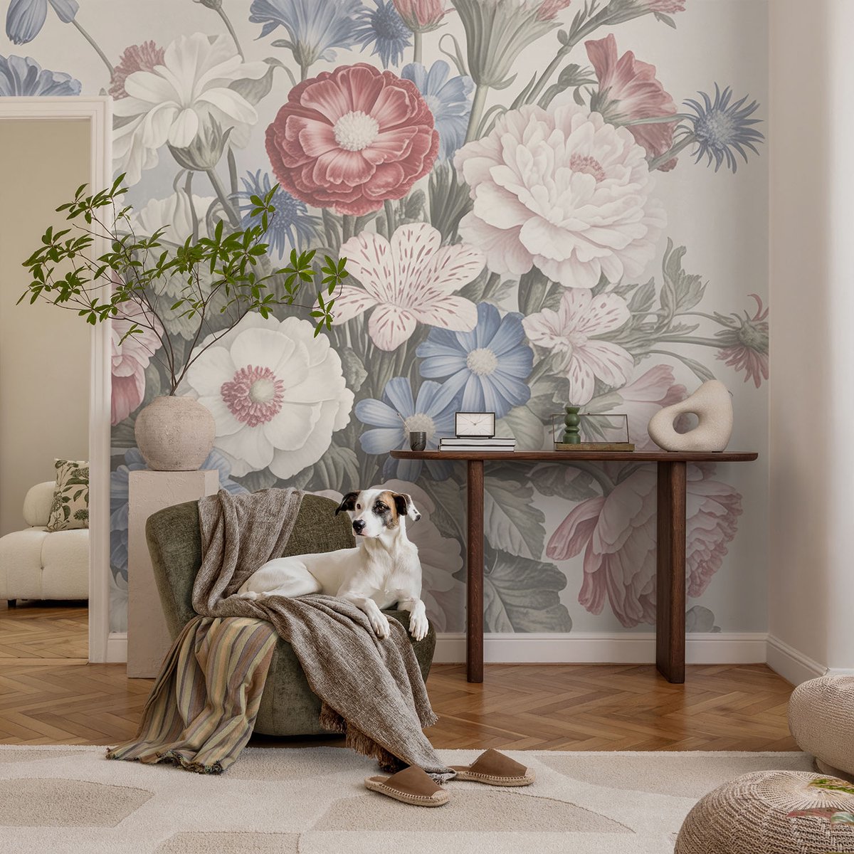 Coloray Vliesbehang - Wit Snellijm Behang - 104x70 cm - Kleurrijk Boeket Muurschildering - Slaapkamer behang Bloemen En Planten - Fotobehang Vlies - Slaapkamer behang