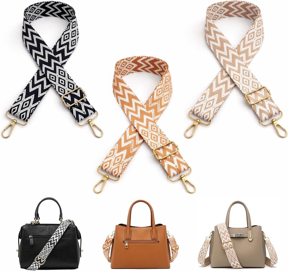 Set van 3 verstelbare vervangende tasbanden, 3,8 cm breed Duurzame schouderbanden van nylon canvas met karabijnhaken; gestreept design Vervangende banden voor handtassen, schoudertassen en draagtassen