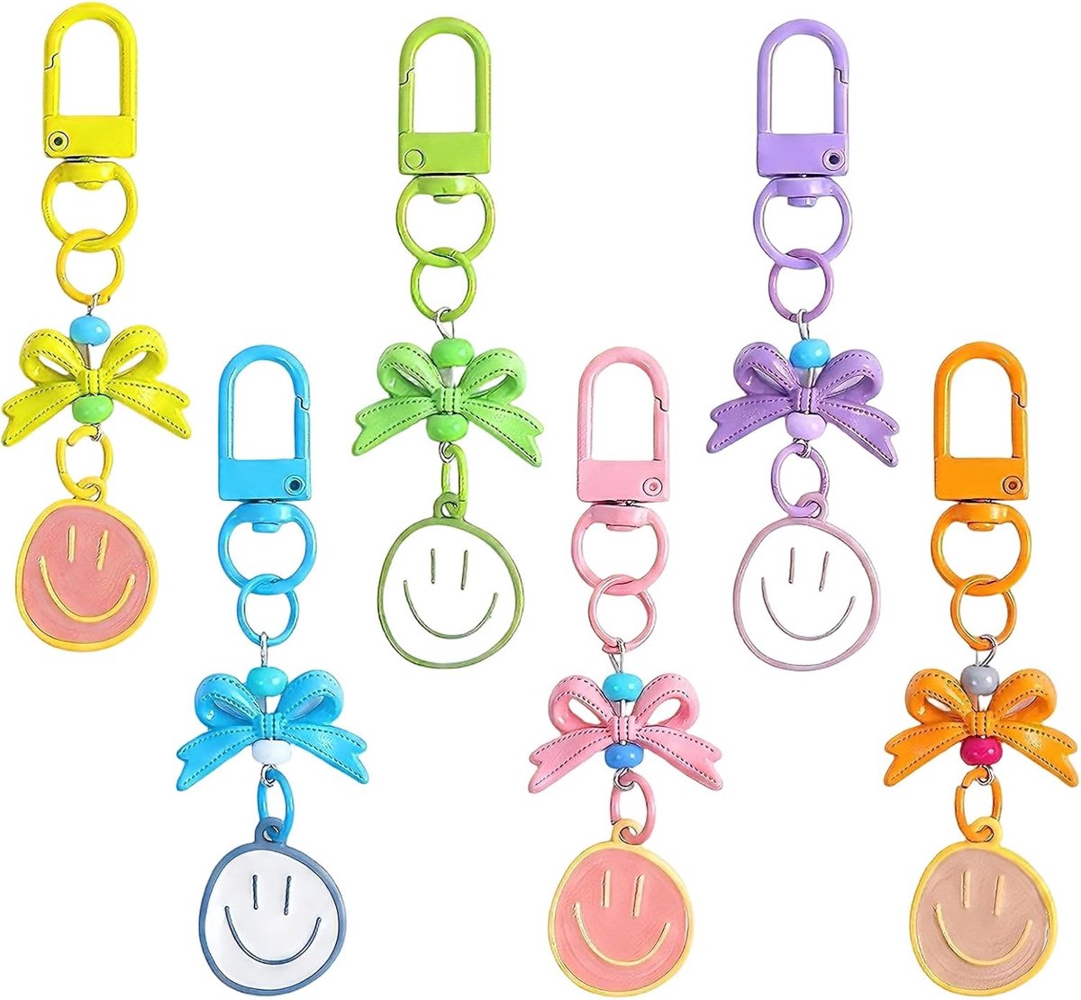 6 stuks, smile, meerkleurig, legering, voor dames en meisjes, schattige handtashangers, esthetische accessoires voor rugzak en sleutels, set van 6 kleuren