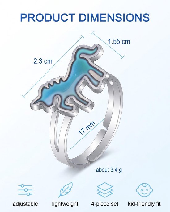 Ringen voor kinderen, set met 4 instelbare thermochromen, design eenhoorn, walvis, libelle, dinosaurus, sensorische fidget ring voor het kalmeren van angst en concentratie — afbeelding 3