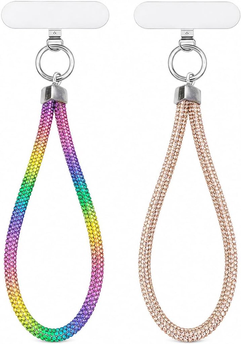 Diamantketting voor mobiele telefoon, kort, fonkelende polsband met glitterhanger, universeel compatibel voor smartphones, camera's en sleutels, kleurrijk, champagne, 2 stuks
