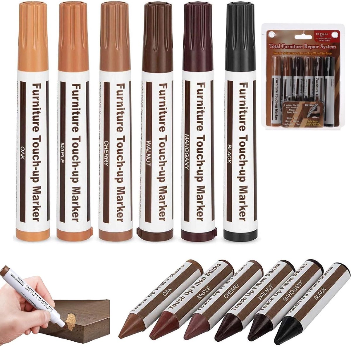 Reparatiestift voor hout, set met 6 viltstiften en 6 wasstiften, voor vlekken, krassen en vloeren